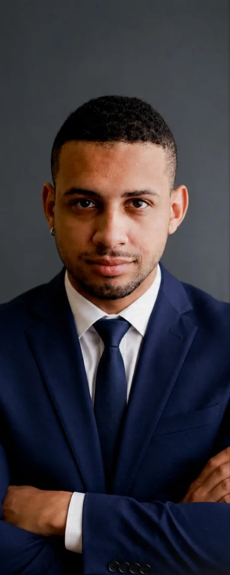 William Alves, especialista em BPO Financeiro da Vértice, de terno e braços cruzados